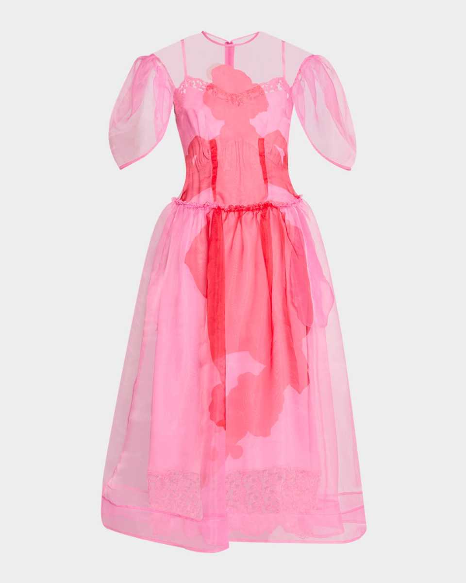 Petal-Sleeve Sculpted Sheer Midi Dress